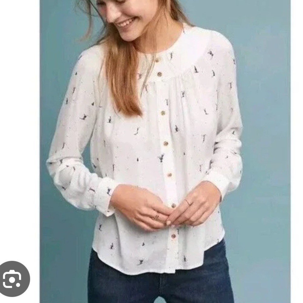 Anthropologie capsule skier limited White Button-Up Blouse with Colorful Print